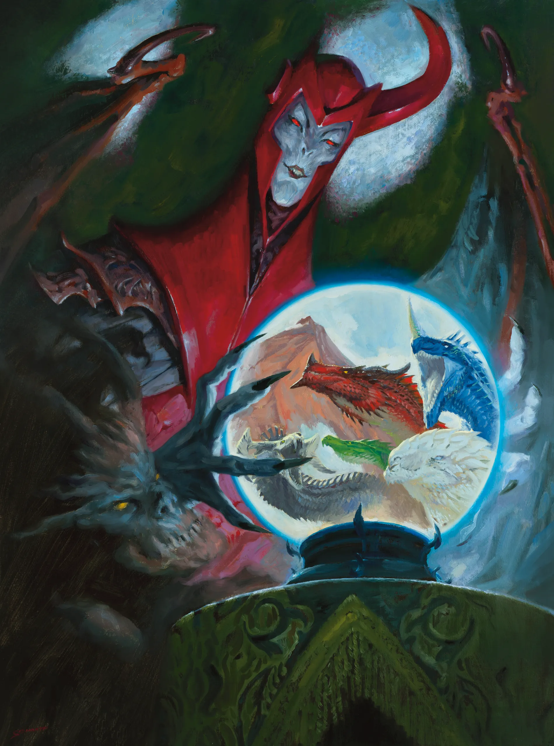 The fiendish villain Venger uses a Crystal Ball to scry on his nemesis, Tiamat.