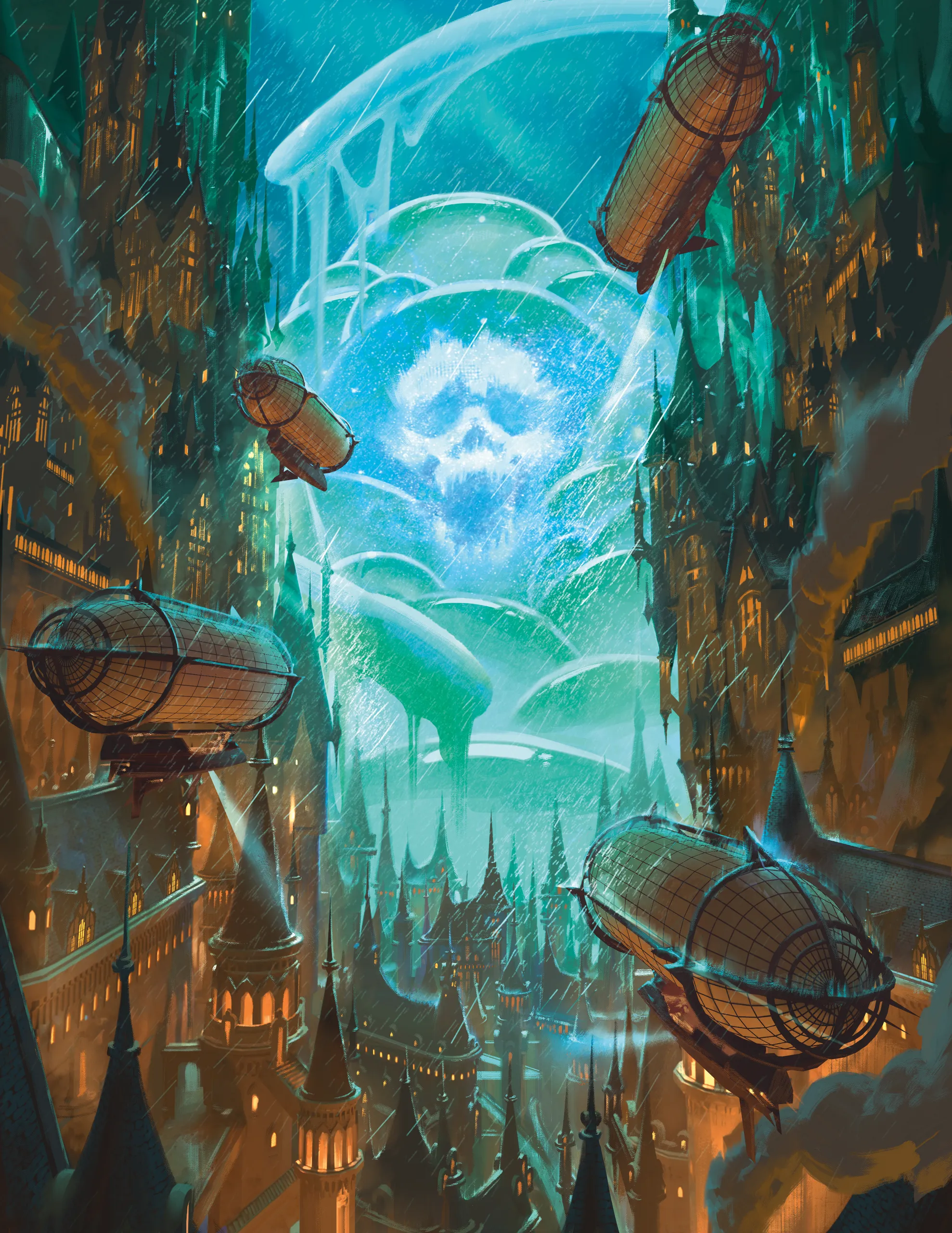 A blob of annihilation attacks Sharn, the City of Towers, in the world of Eberron.