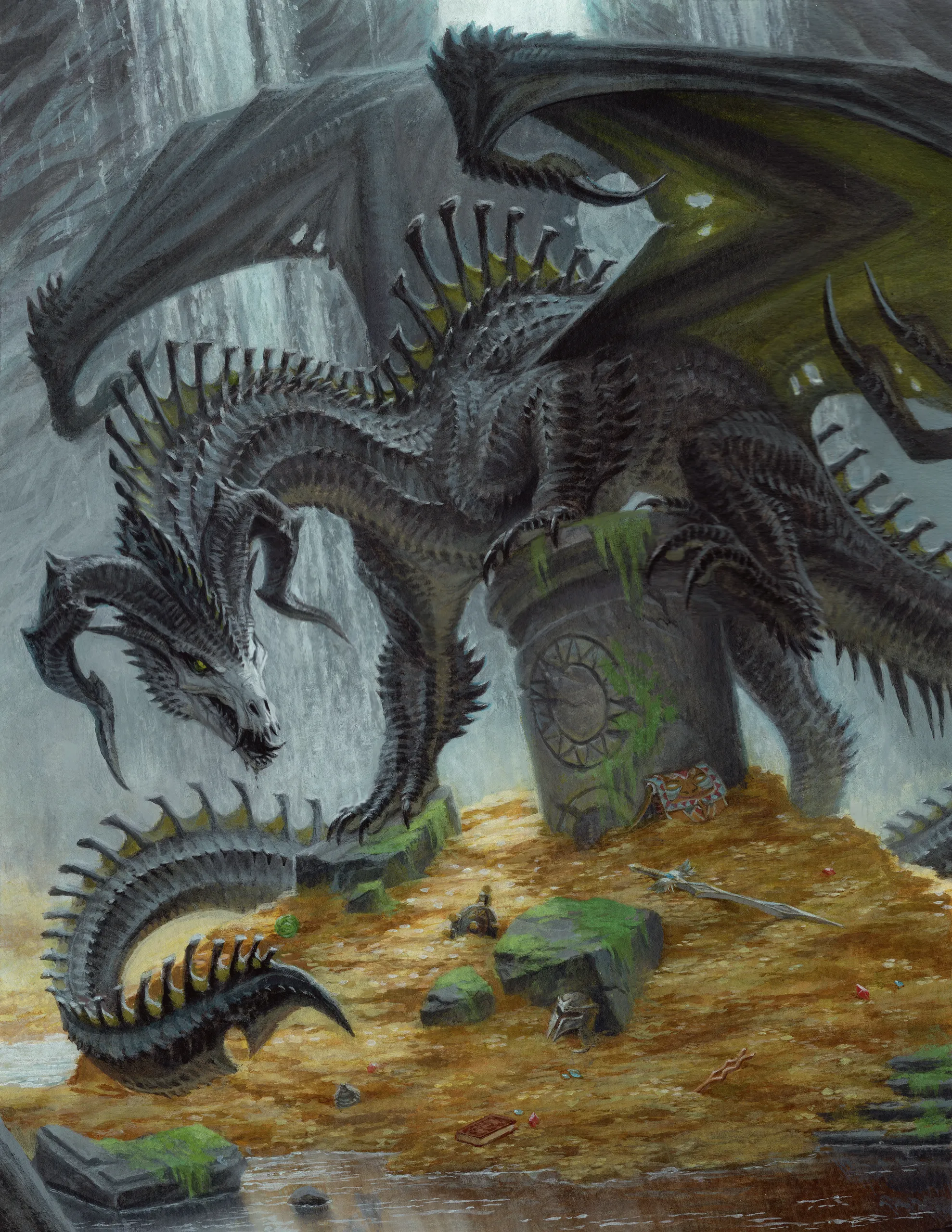 The black dragon Onyx guards her treasure hoard in the ruins of Xak Tsaroth.