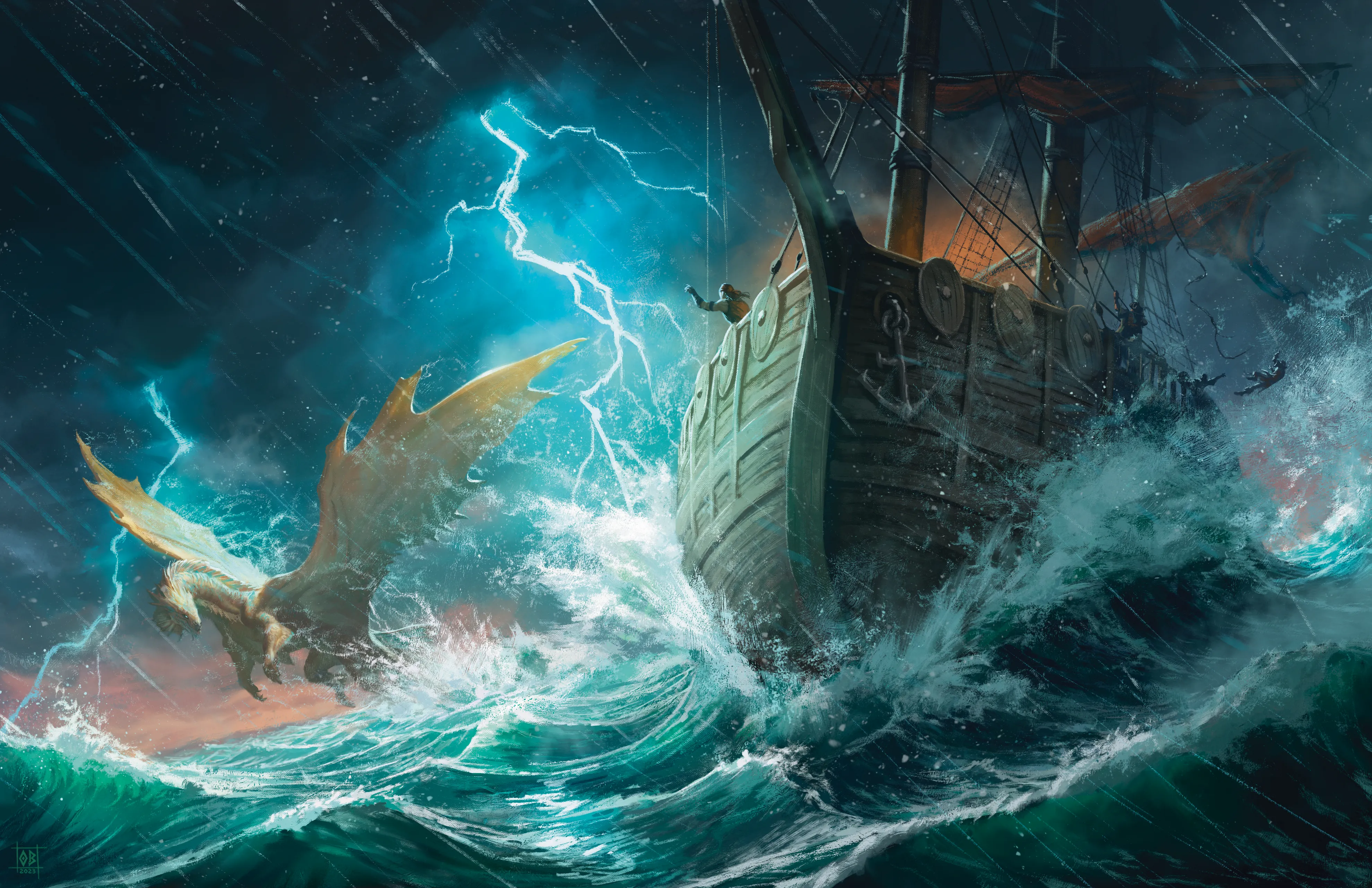 A friendly bronze dragon keeps a watchful eye on a storm-tossed ship.