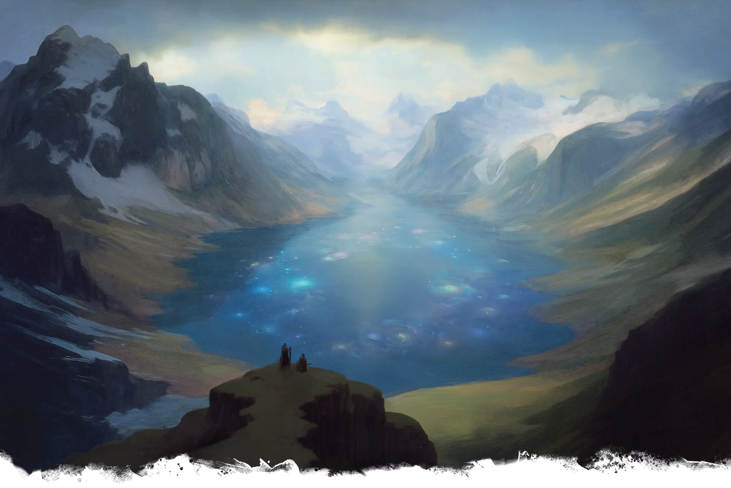 Mysterious lights glimmer in a remote mountain lake, drawing adventurers to explore.