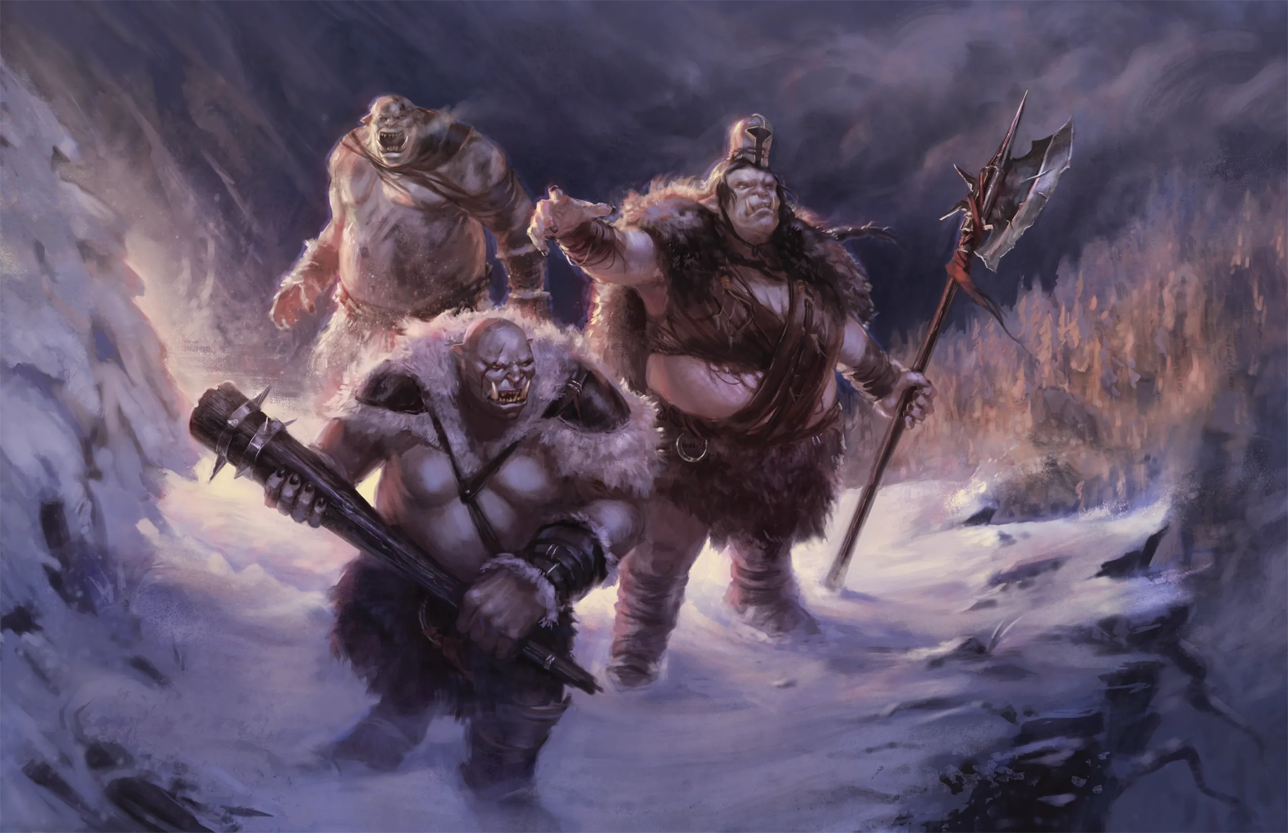 Three ogres block a narrow mountain pass.