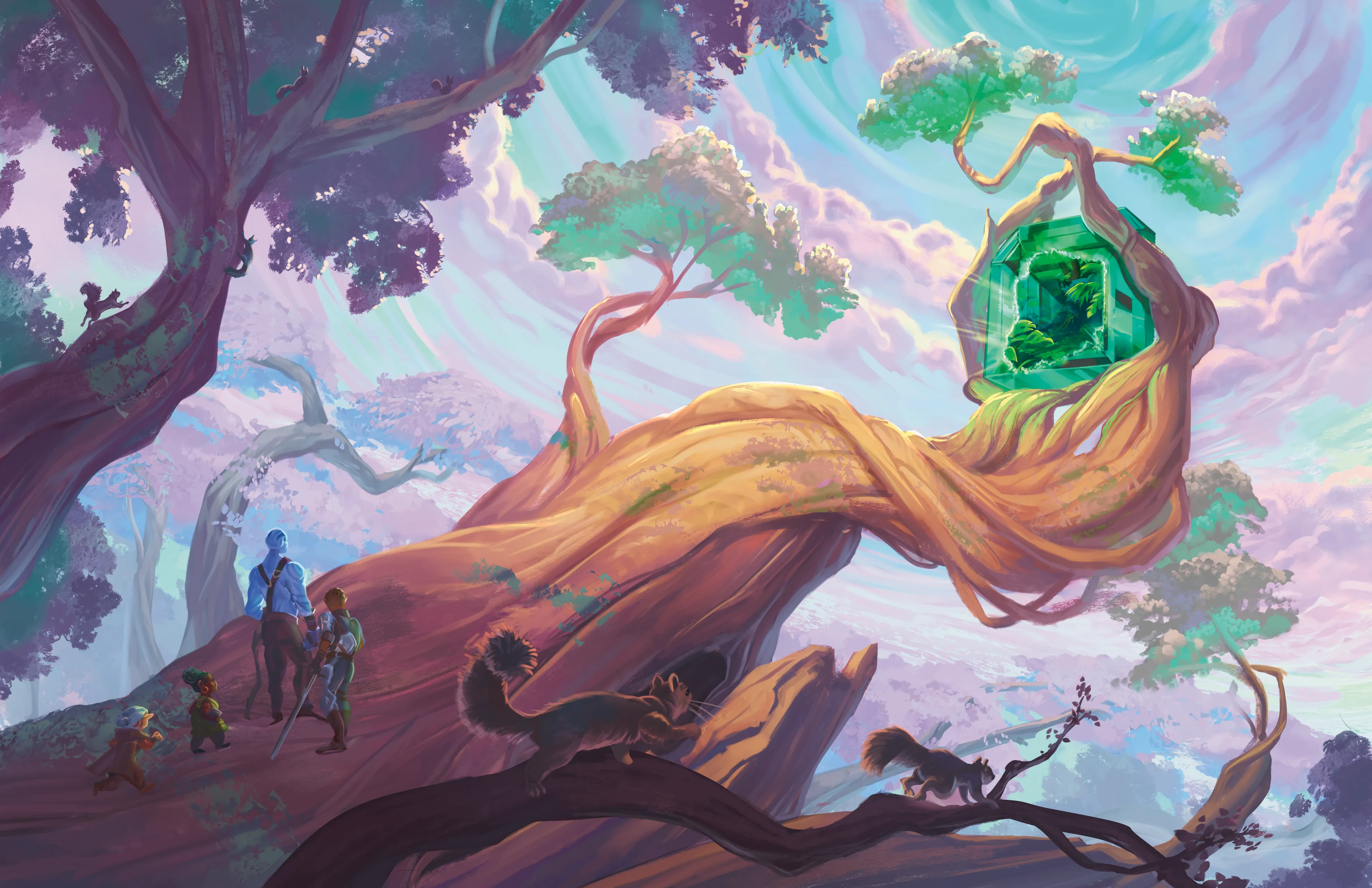 A portal to the Beastlands opens amid the branches of the World Tree.