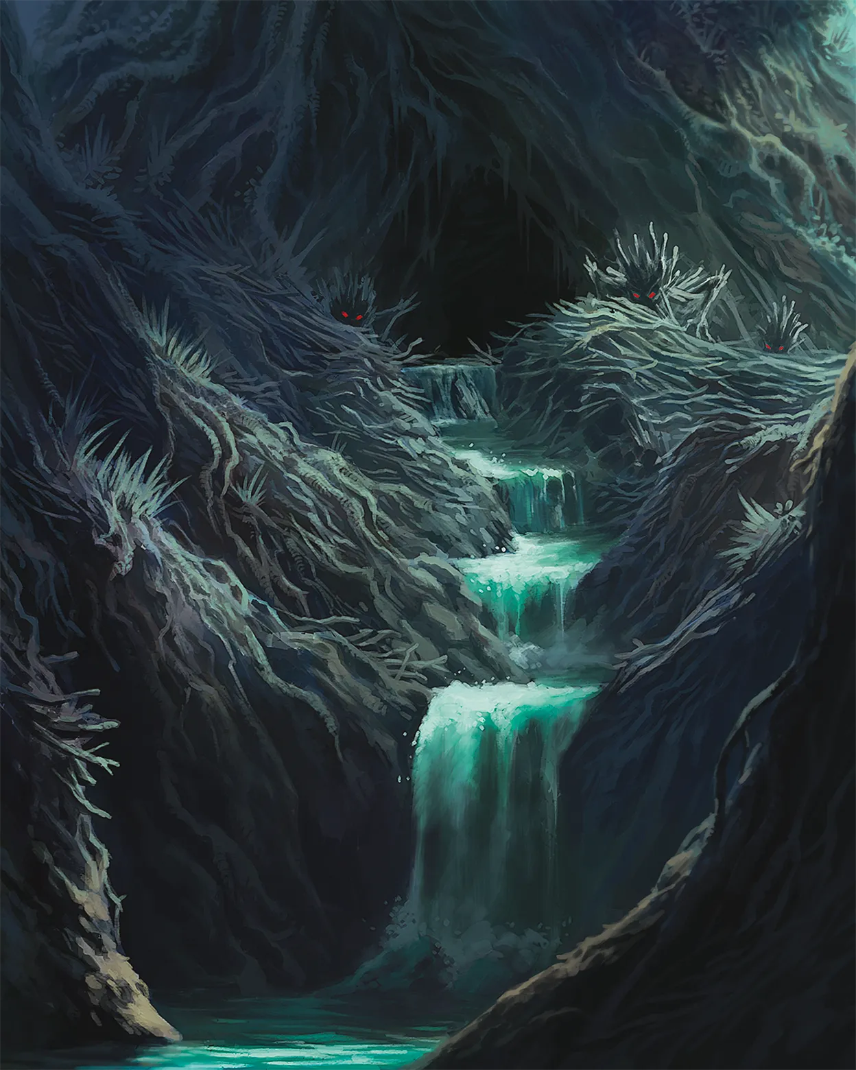 Sinister shapes lurk near the cave entrance as the adventurers approach.