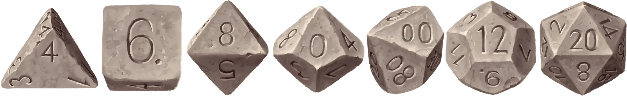 D4, D6, D8, D10 (десять), D10 (сто), D12, and D20.