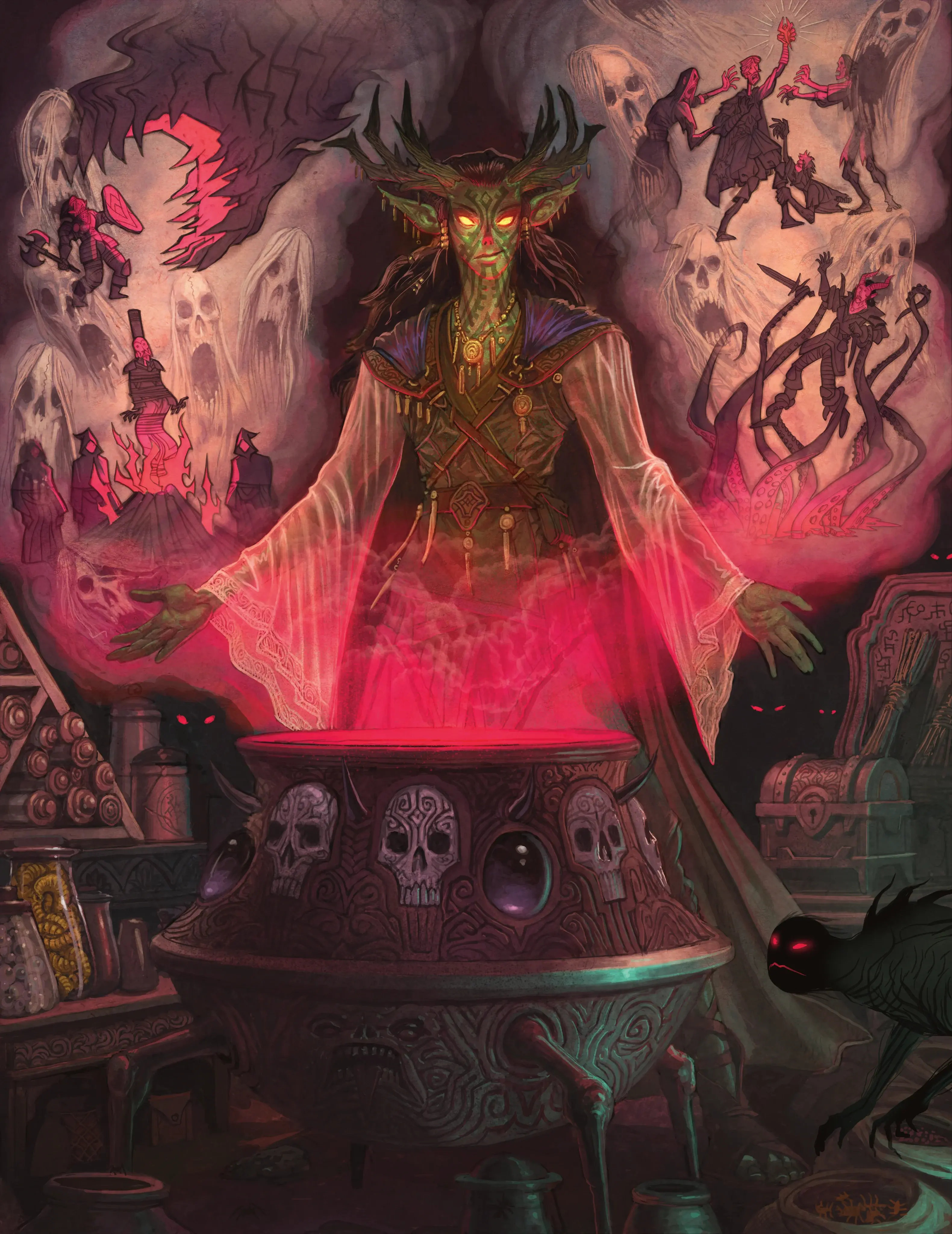 A hexblood witch in the domain of Tepest conjures visions of adventurers™ fatal fates.