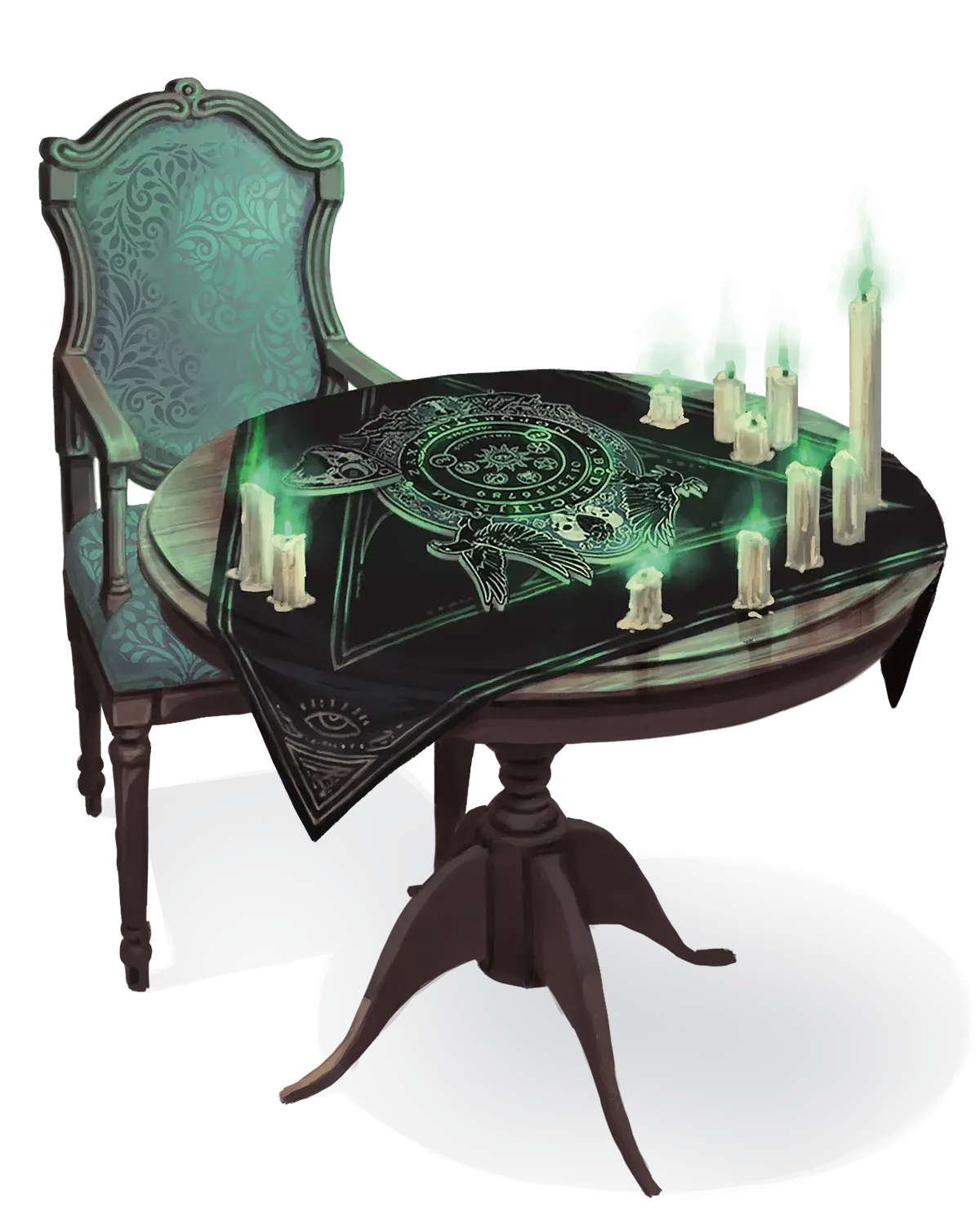 Divination tools, such as spirit boards and tarokka decks, are common features of sГ©ance parlors.