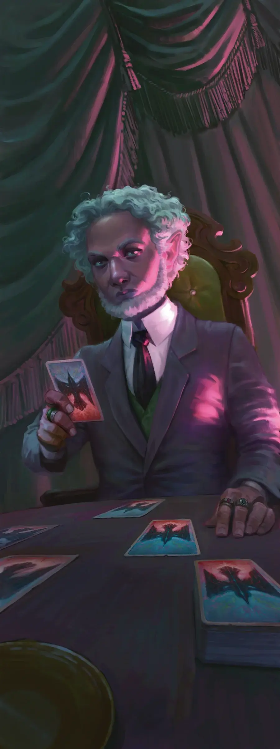 Orphir Brindletop, a member of the Keepers of the Feather, consults the tarokka.